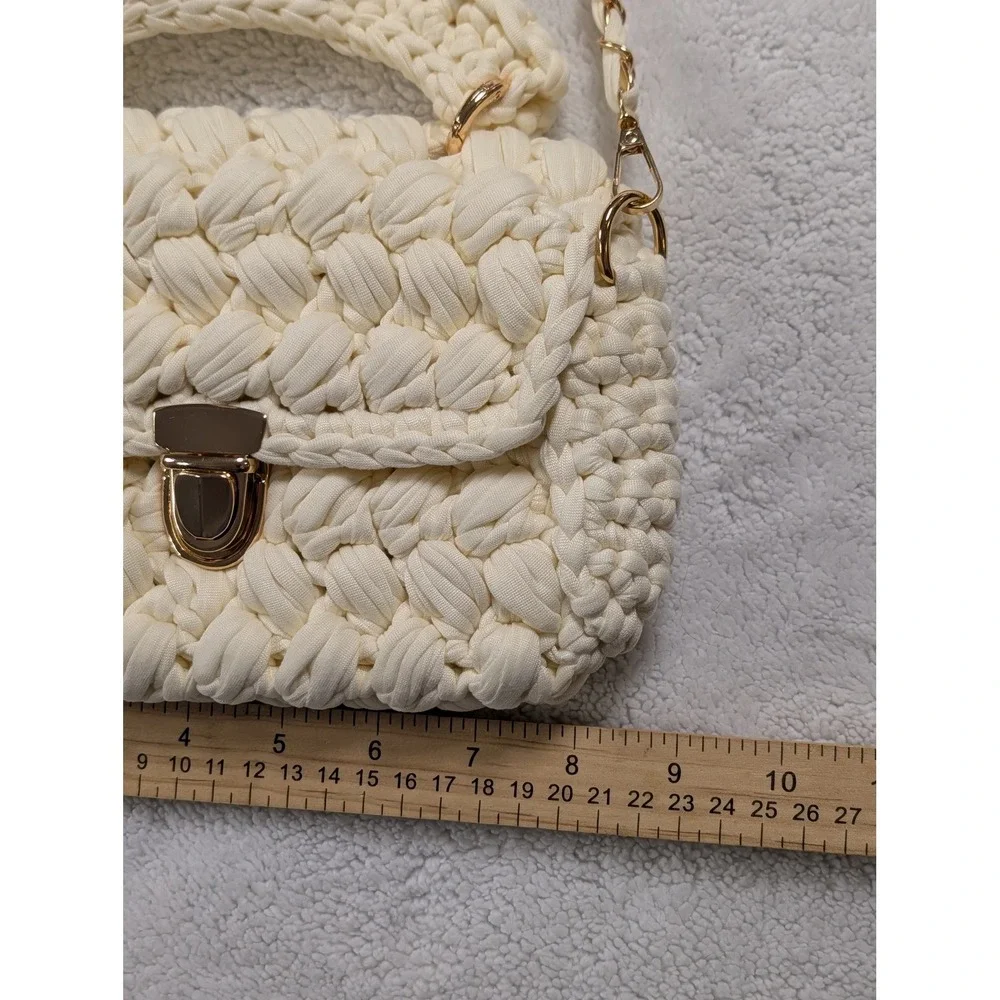 Ivory Chunky Knit Crossbody Bag Gold Chain Strap Mini Top Handle Boho